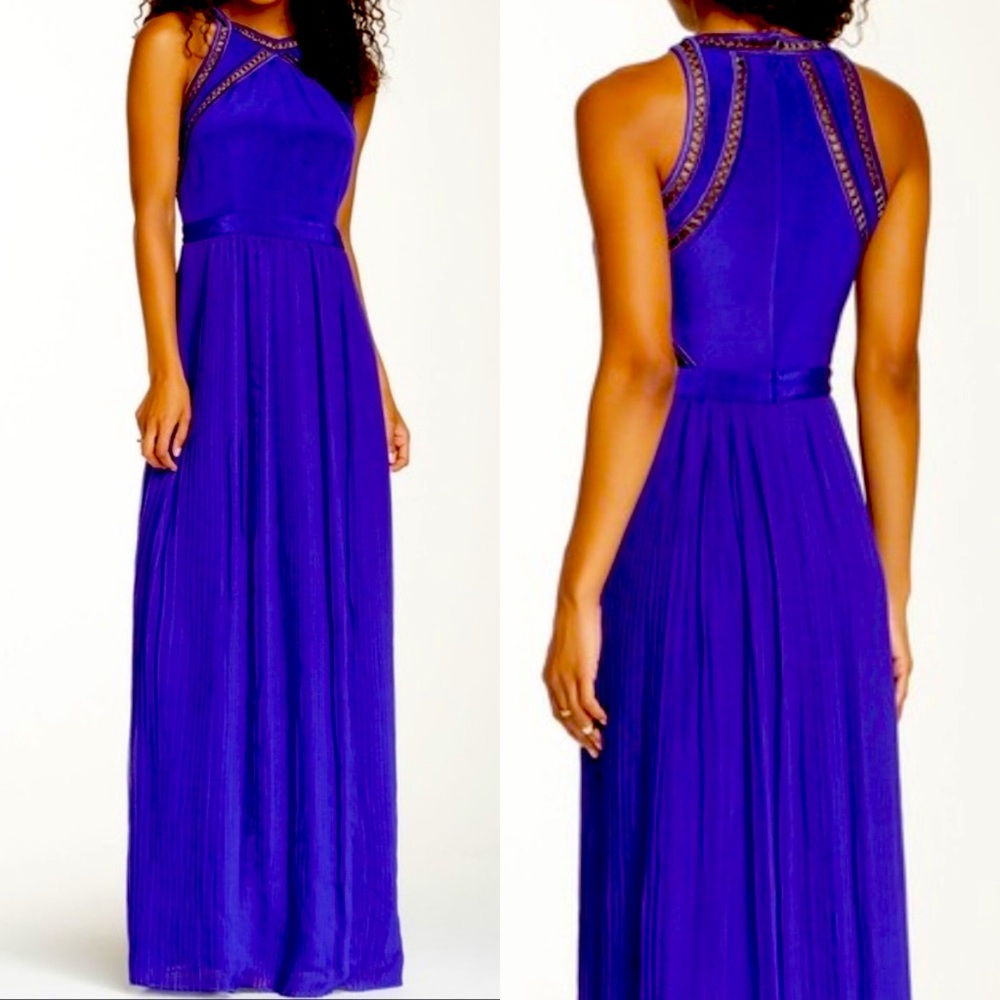 REBECCA TAYLOR | Silk Beaded Ladders Pleated Halter Maxi Gown